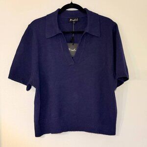 NWT Marled Womens Sweater  Navy Blue V Neck Short Sleeve Size XL